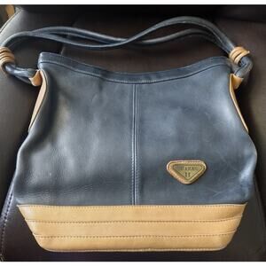 Vintage HARA H Navy Blue Leather Bucket Bag Hobo Shoulder Purse Tan Trim Accent